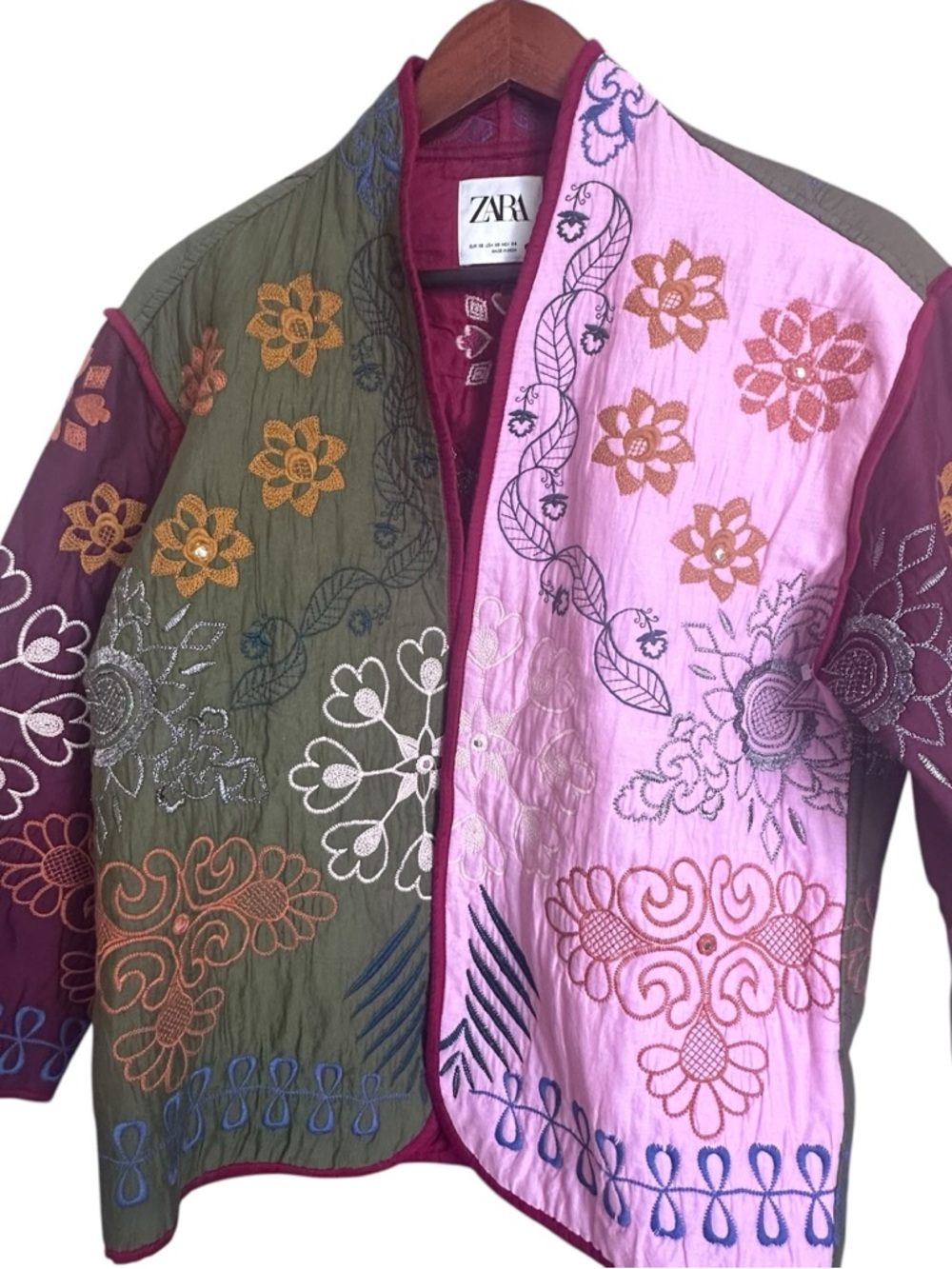 Zara Floral Embroidered Bomber Jacket - Olive & Pink